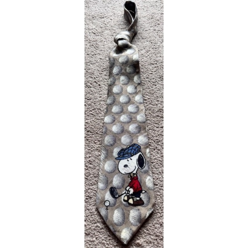 Vintage Peanuts Snoopy Golf Tie Mens Tan Grey Golf Ball Pattern Well Above Par